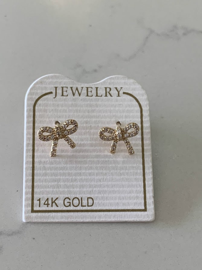 14K Solid Gold Lasso Bow Earrings, Screw backs, Solid Gold, Gold Bow Earrings, Dainty Ribbon Bow Stud Earrings