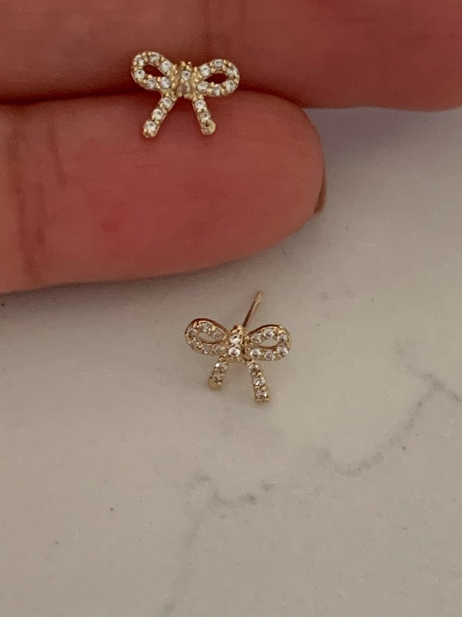 14K Solid Gold Lasso Bow Earrings, Screw backs, Solid Gold, Gold Bow Earrings, Dainty Ribbon Bow Stud Earrings