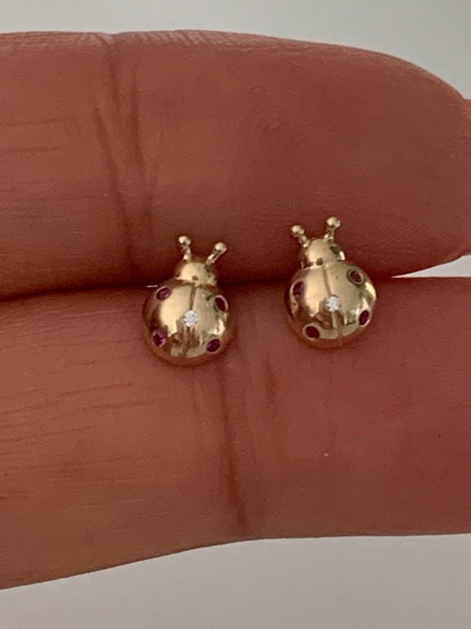 14K Bezel Ladybug Earrings, Dainty Earrings, Women Earrings, Kid Earrings, Solid Gold Ladybugs, Gold Ladybugs, Gold Earrings