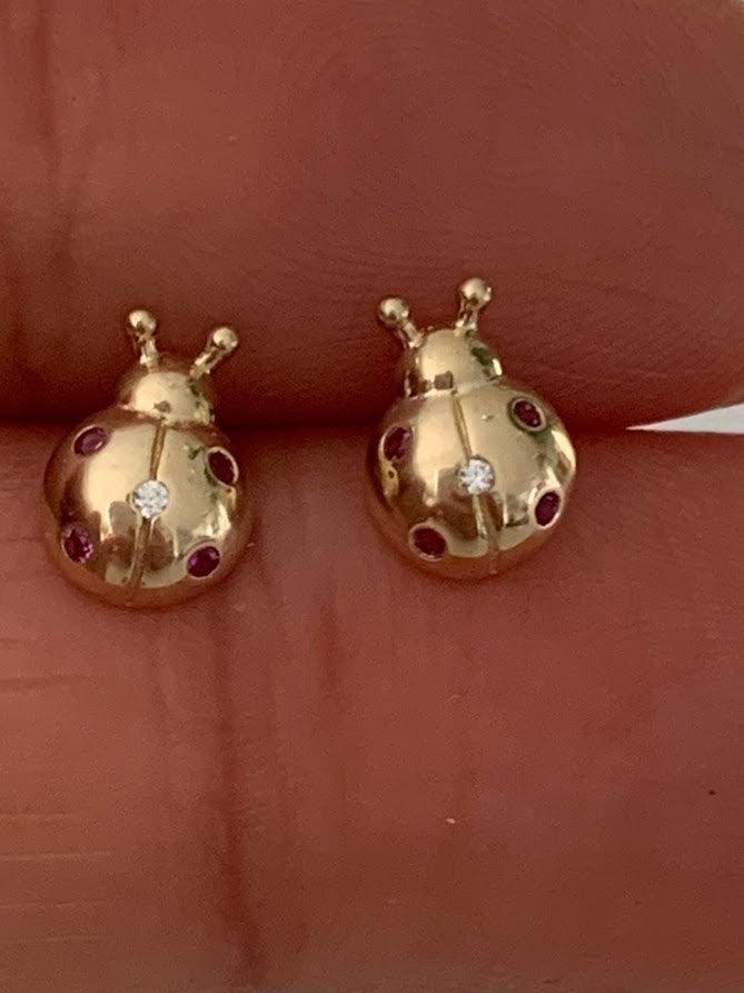 14K Bezel Ladybug Earrings, Dainty Earrings, Women Earrings, Kid Earrings, Solid Gold Ladybugs, Gold Ladybugs, Gold Earrings