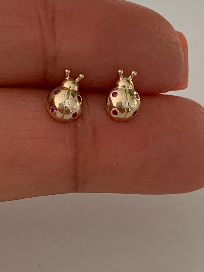 14K Bezel Ladybug Earrings, Dainty Earrings, Women Earrings, Kid Earrings, Solid Gold Ladybugs, Gold Ladybugs, Gold Earrings