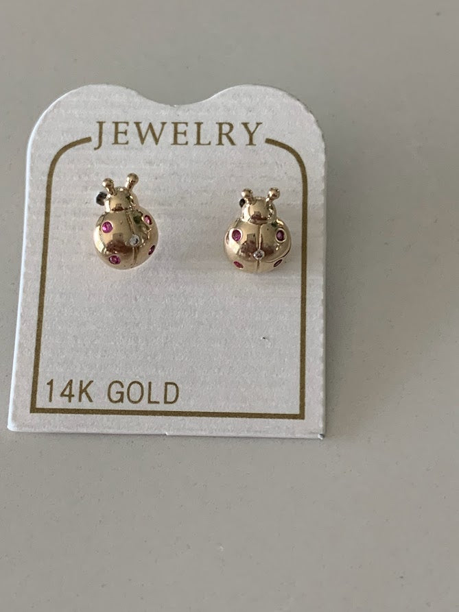 14K Bezel Ladybug Earrings, Dainty Earrings, Women Earrings, Kid Earrings, Solid Gold Ladybugs, Gold Ladybugs, Gold Earrings