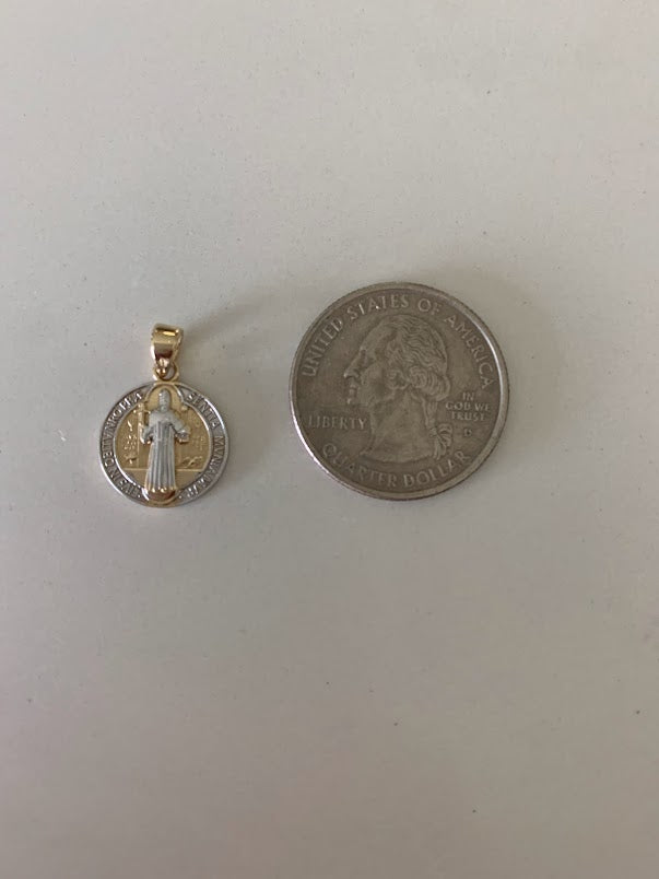 14K Solid Gold Saint Benedict | Yellow and White Religious | Saint Benedict Pendant | Two TONE 14K Solid Gold Pendant