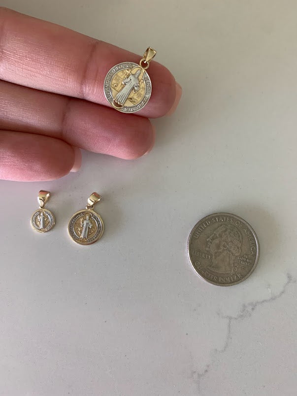 14K Solid Gold Saint Benedict | Yellow and White Religious | Saint Benedict Pendant | Two TONE 14K Solid Gold Pendant