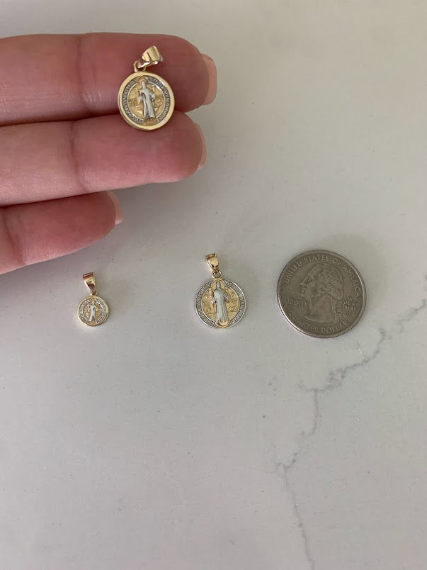 14K Solid Gold Saint Benedict | Yellow and White Religious | Saint Benedict Pendant | Two TONE 14K Solid Gold Pendant