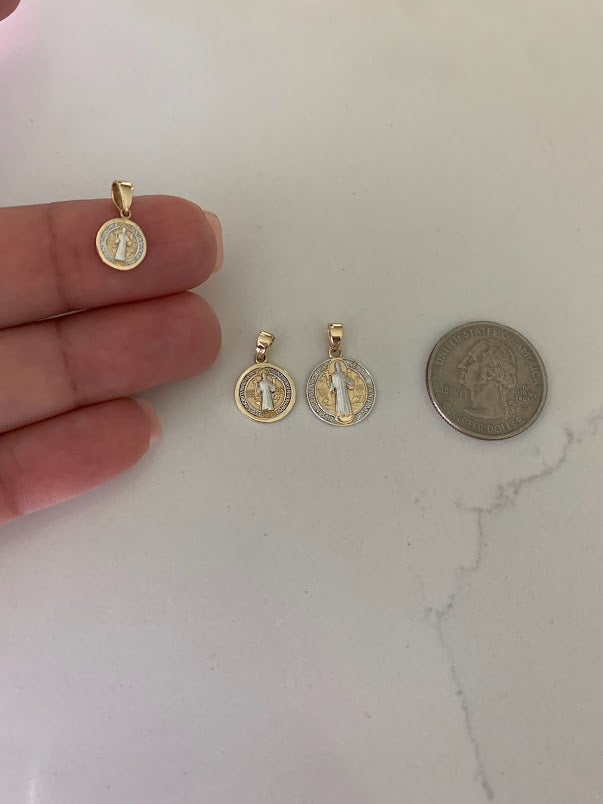 14K Solid Gold Saint Benedict | Yellow and White Religious | Saint Benedict Pendant | Two TONE 14K Solid Gold Pendant