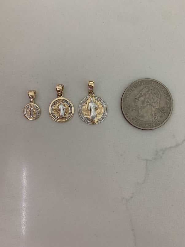14MM 14K Solid Gold Saint Benedict | Yellow and White Religious | Saint Benedict Pendant | Two TONE 14K Solid Gold Pendant