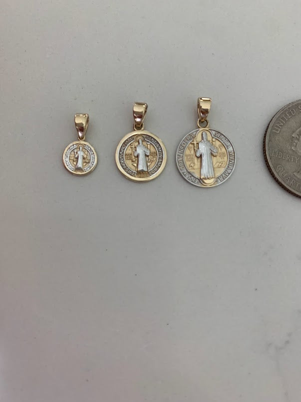 14K Solid Gold Saint Benedict | Yellow and White Religious | Saint Benedict Pendant | Two TONE 14K Solid Gold Pendant