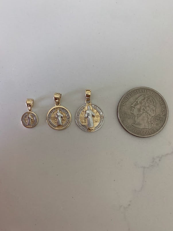14MM 14K Solid Gold Saint Benedict | Yellow and White Religious | Saint Benedict Pendant | Two TONE 14K Solid Gold Pendant