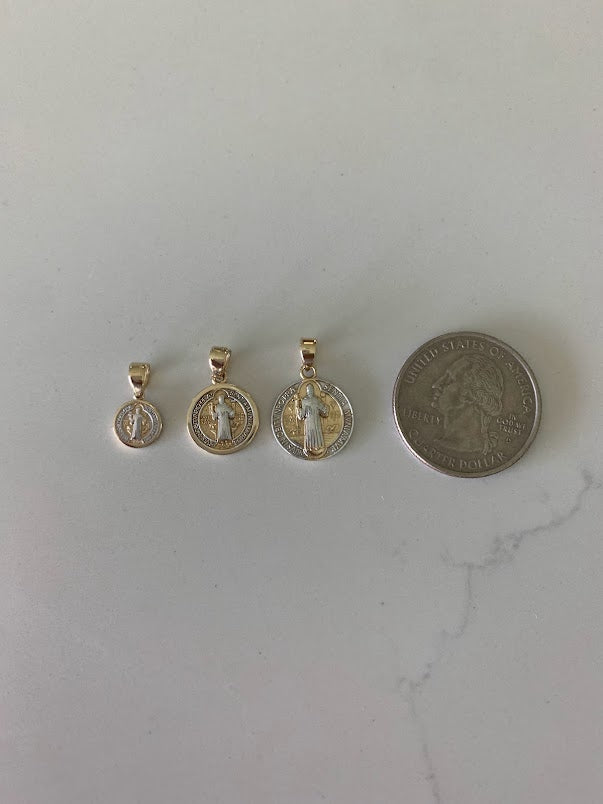 14MM 14K Solid Gold Saint Benedict | Yellow and White Religious | Saint Benedict Pendant | Two TONE 14K Solid Gold Pendant