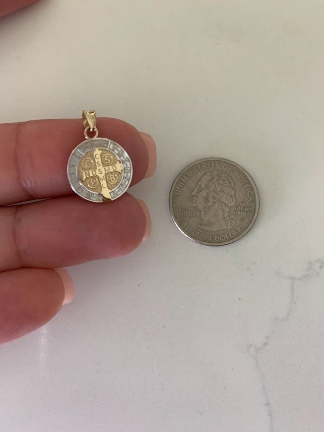 14MM 14K Solid Gold Saint Benedict | Yellow and White Religious | Saint Benedict Pendant | Two TONE 14K Solid Gold Pendant