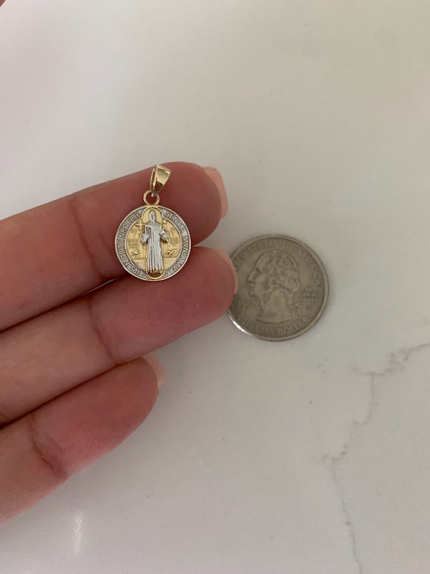 14MM 14K Solid Gold Saint Benedict | Yellow and White Religious | Saint Benedict Pendant | Two TONE 14K Solid Gold Pendant
