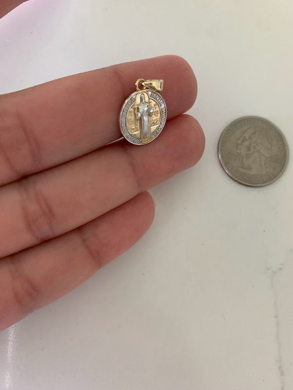 14K Solid Gold Saint Benedict | Yellow and White Religious | Saint Benedict Pendant | Two TONE 14K Solid Gold Pendant