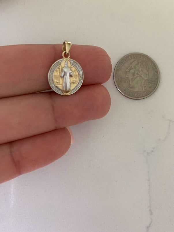 14K Solid Gold Saint Benedict | Yellow and White Religious | Saint Benedict Pendant | Two TONE 14K Solid Gold Pendant