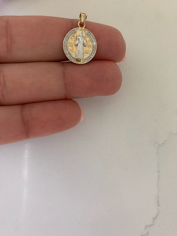 14MM 14K Solid Gold Saint Benedict | Yellow and White Religious | Saint Benedict Pendant | Two TONE 14K Solid Gold Pendant