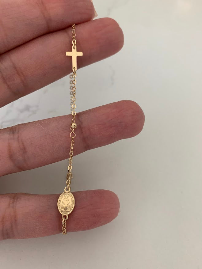 14K Yellow Gold Rosary Bracelet, Solid Gold Rosary Bracelet, Miraculous Virgin Mary Medal and Cross Bracelet, Religious Jewelry For Women
