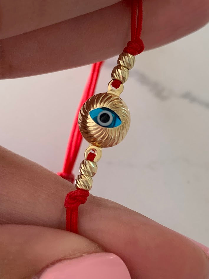 14K Gold Evil Eye Bracelet, Red String Gold Bracelet, Hamsa Evil Eye, Solid Gold Bracelet, Handmade, Yellow Gold, Gift For Protection, Gift
