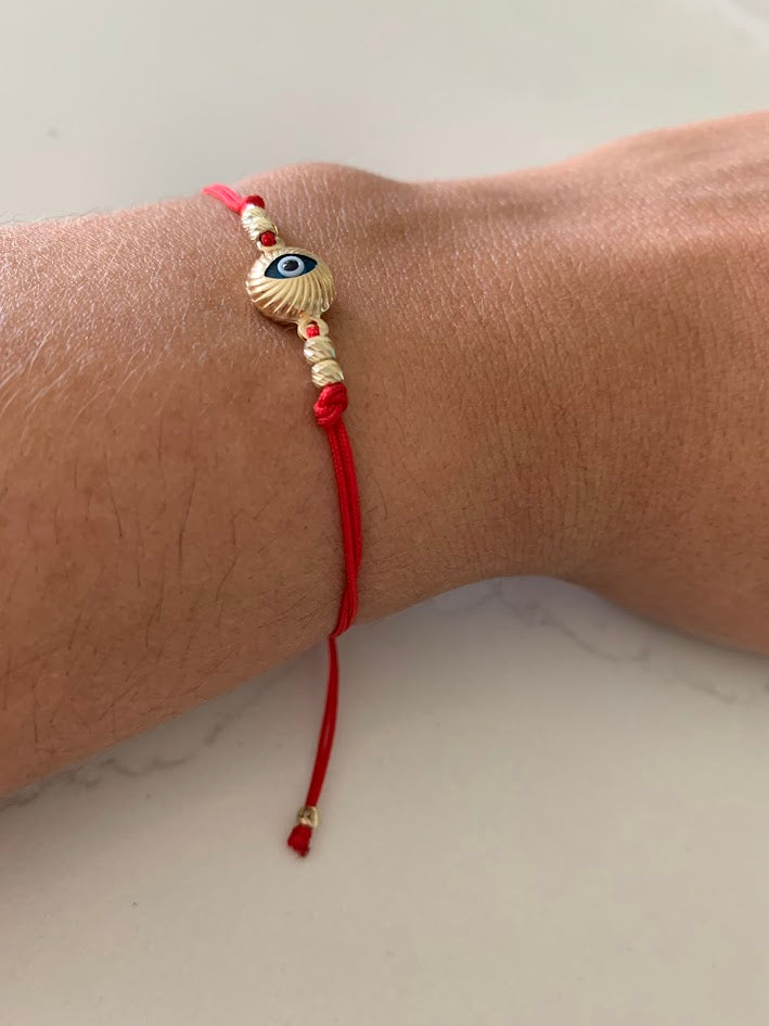 14K Gold Evil Eye Bracelet, Red String Gold Bracelet, Hamsa Evil Eye, Solid Gold Bracelet, Handmade, Yellow Gold, Gift For Protection, Gift