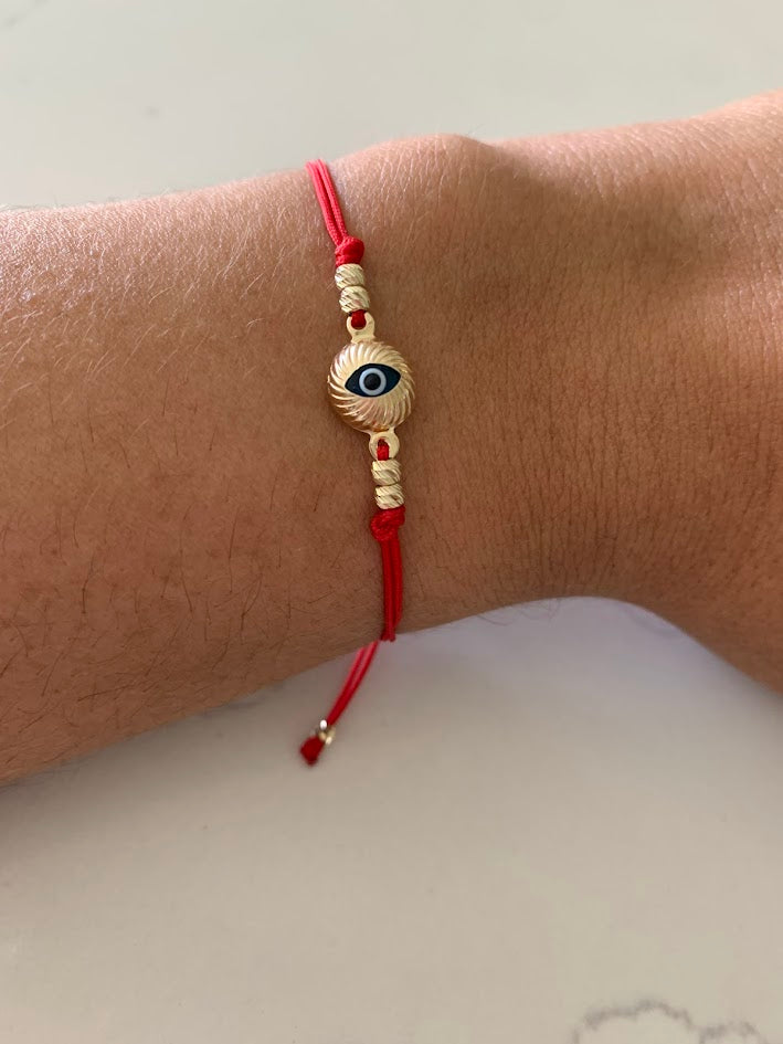 14K Gold Evil Eye Bracelet, Red String Gold Bracelet, Hamsa Evil Eye, Solid Gold Bracelet, Handmade, Yellow Gold, Gift For Protection, Gift