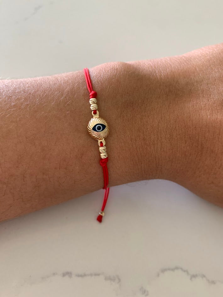 14K Gold Evil Eye Bracelet, Red String Gold Bracelet, Hamsa Evil Eye, Solid Gold Bracelet, Handmade, Yellow Gold, Gift For Protection, Gift
