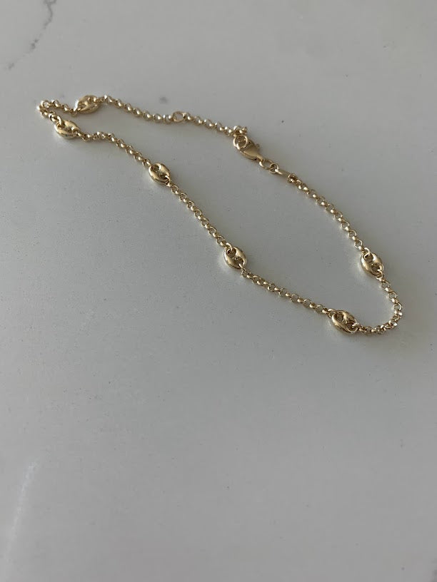 14K Gold Puffed Mariner Anklet Bracelet on a Rolo Chain, Real 14K Gold Anklet, Gold Ankle Bracelet, Women Ankle Jewelry, Puffed Mariner Anklet