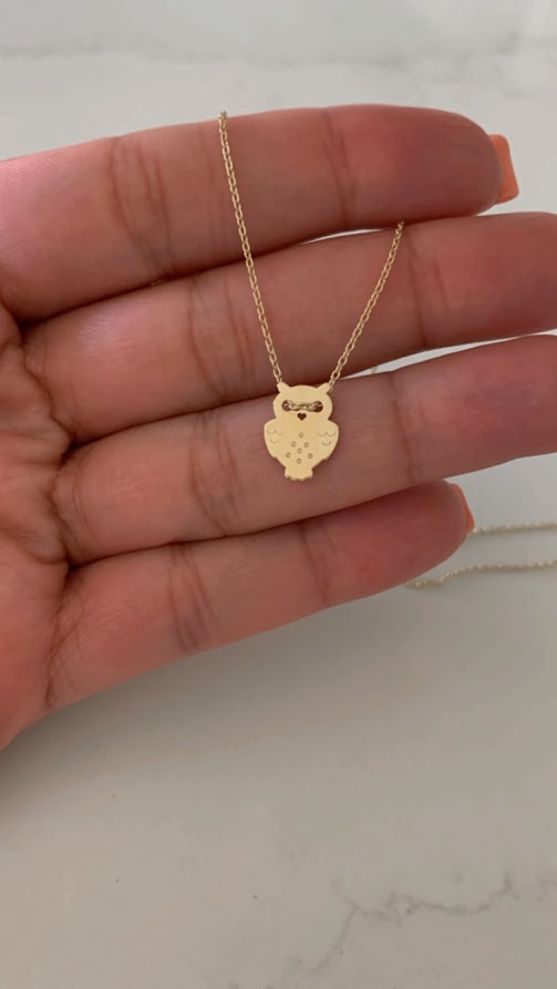 14K Gold Owl Necklace | White and Yellow Gold Owl Necklace