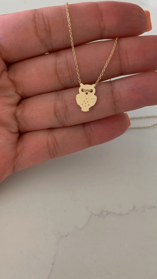 14K Gold Owl Necklace | White and Yellow Gold Owl Necklace