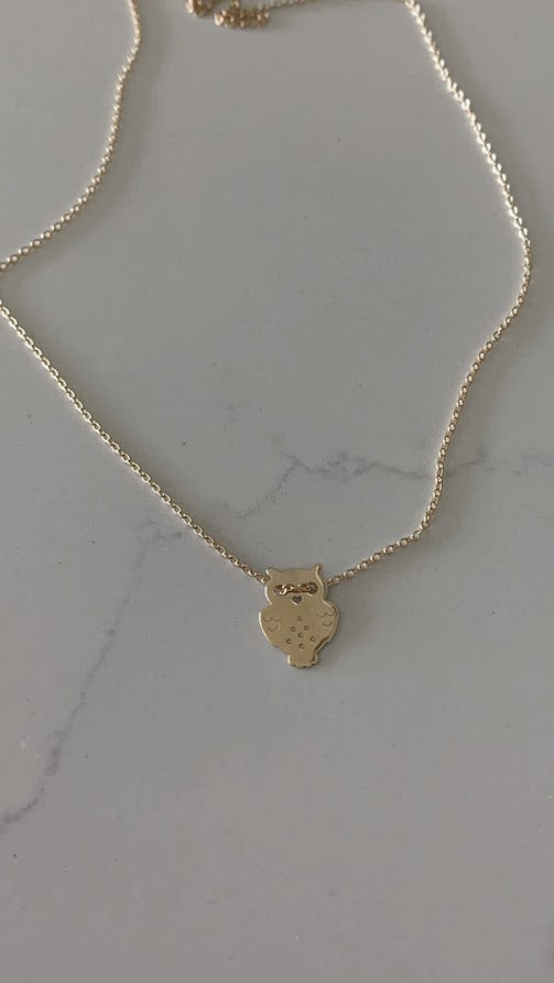 14K Gold Owl Necklace | White and Yellow Gold Owl Necklace