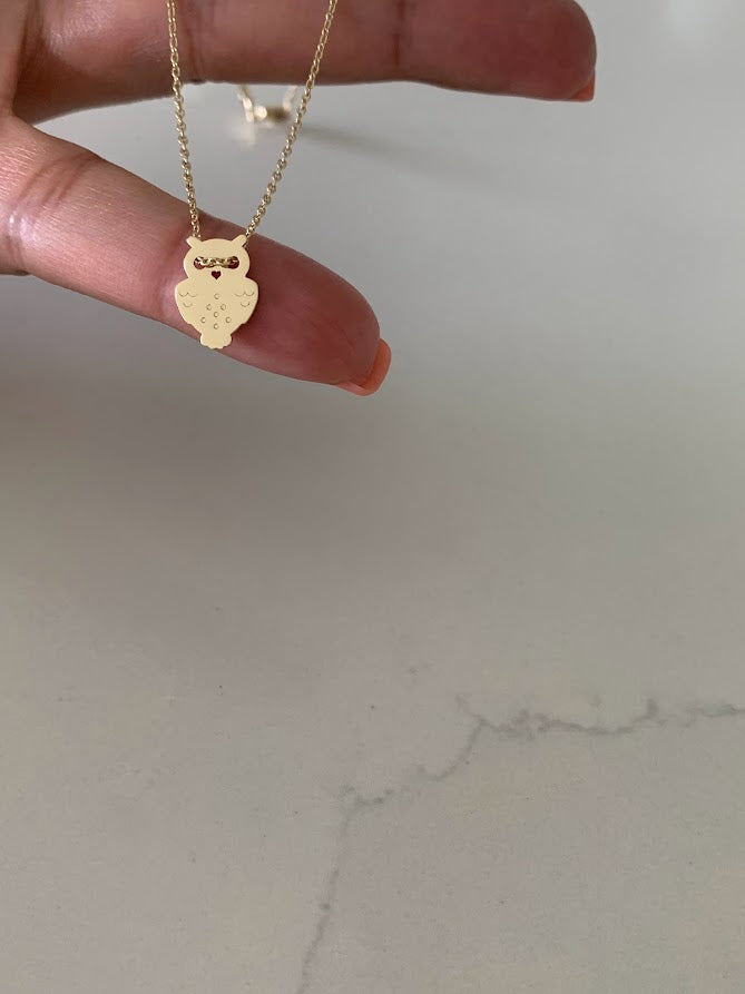 14K Gold Owl Necklace | White and Yellow Gold Owl Necklace