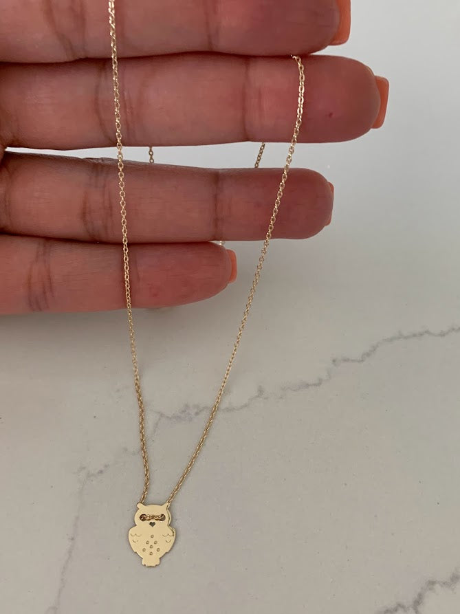 14K Gold Owl Necklace | White and Yellow Gold Owl Necklace