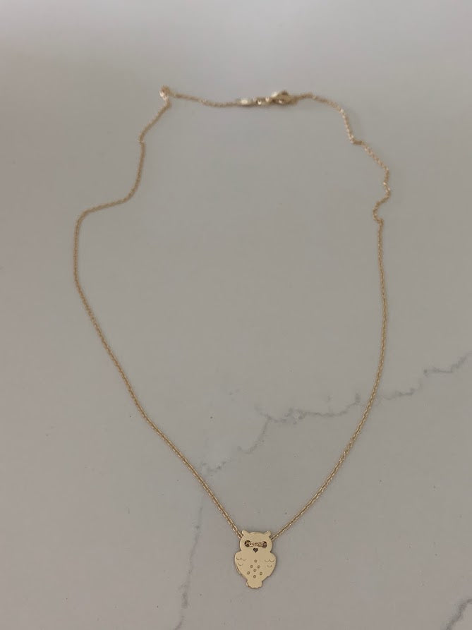 14K Gold Owl Necklace | White and Yellow Gold Owl Necklace