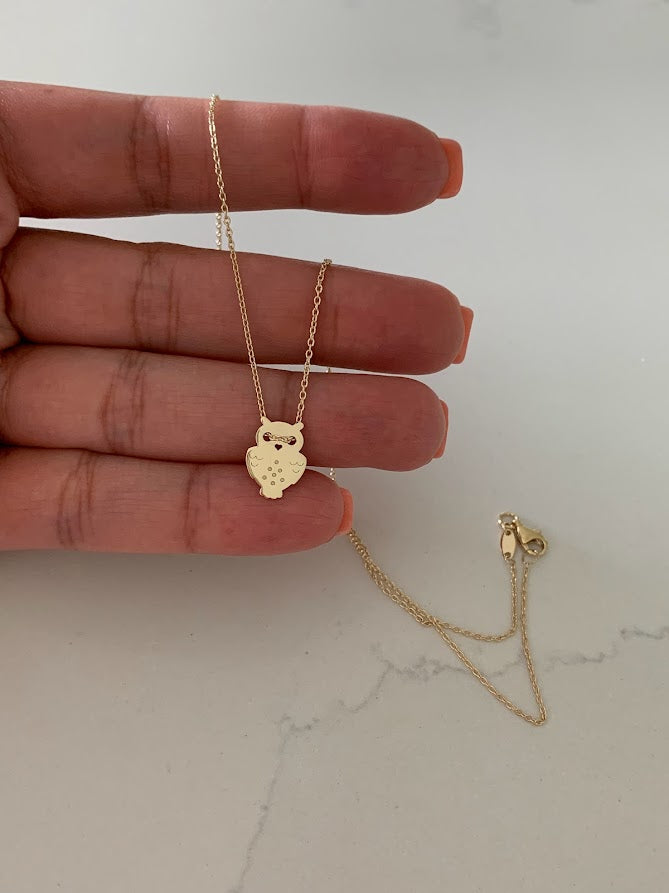 14K Gold Owl Necklace | White and Yellow Gold Owl Necklace