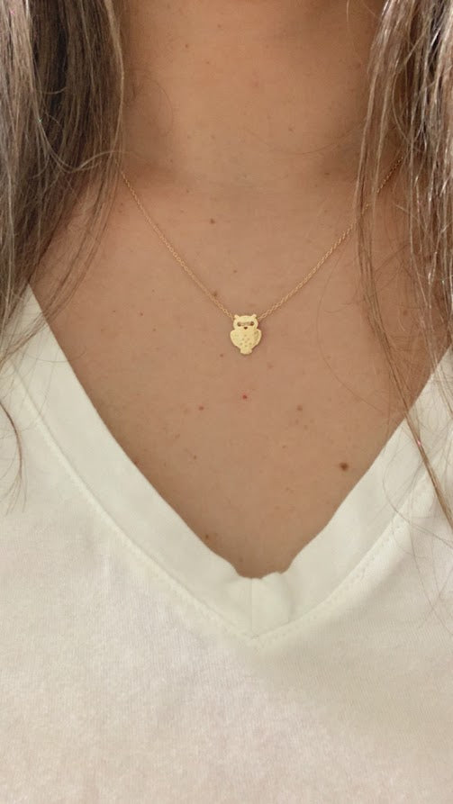 14K Gold Owl Necklace | White and Yellow Gold Owl Necklace