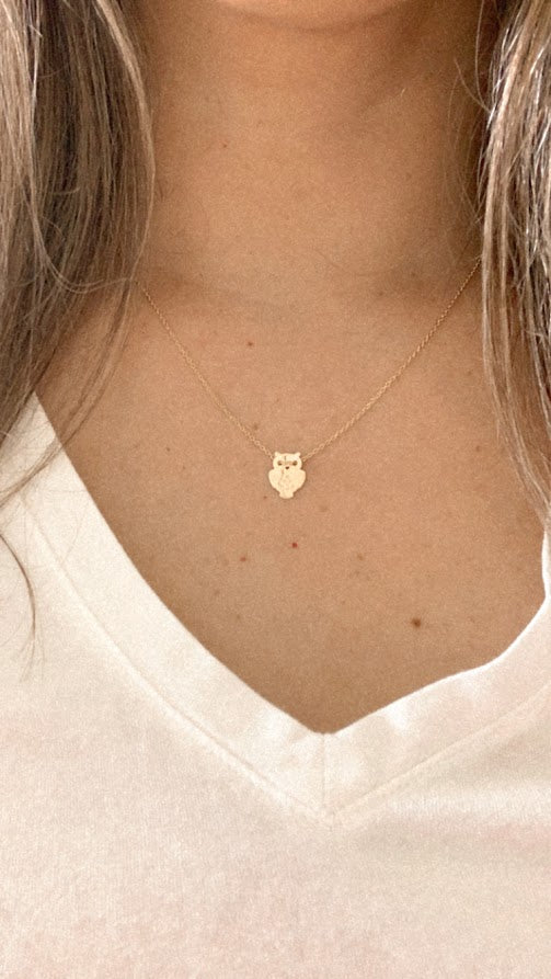 14K Gold Owl Necklace | White and Yellow Gold Owl Necklace