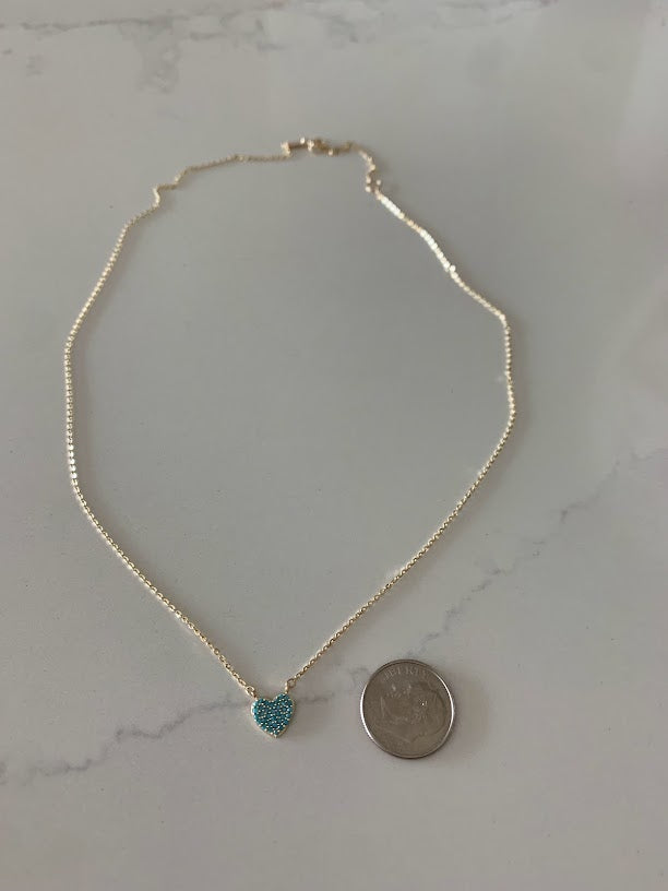 Turquoise Small Heart Necklace | Real Turquoise CZ| 14K Gold | 8MM Heart Gold Chain | Dainty Necklace | Minimalist Jewelry | SOLID GOLD