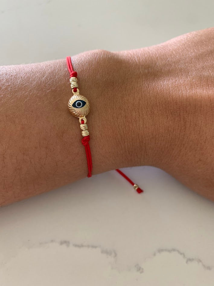 14K Gold Evil Eye Bracelet, Red String Gold Bracelet, Hamsa Evil Eye, Solid Gold Bracelet, Handmade, Yellow Gold, Gift For Protection, Gift