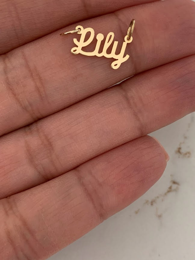 4MM 14K Solid Gold Name| Word Pendant | Personalized Pendant | Personalized Cursive Name Charm with two hooks