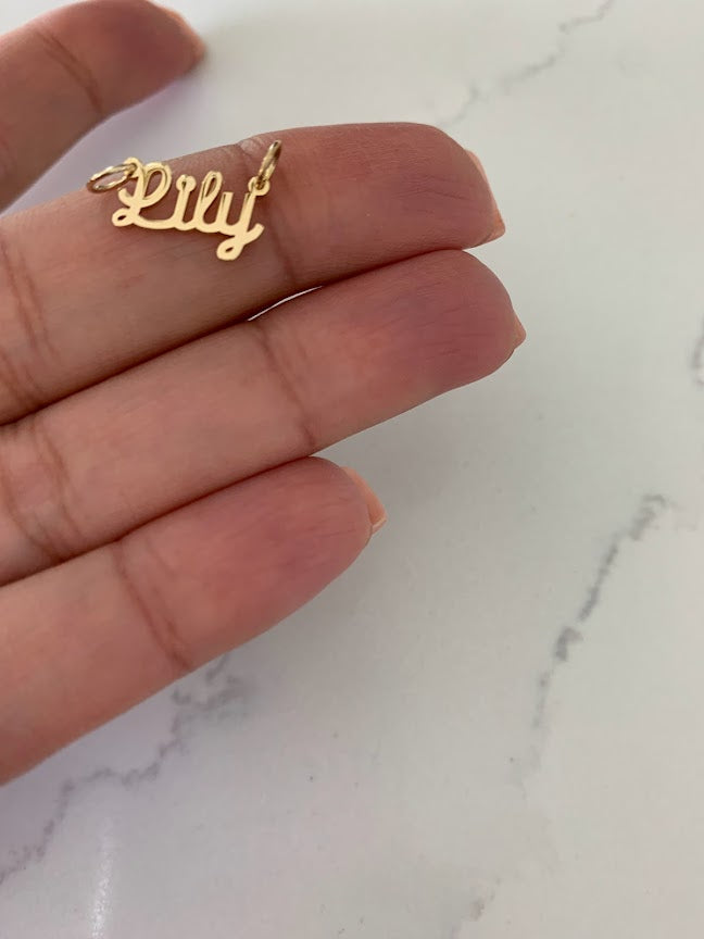 4MM 14K Solid Gold Name| Word Pendant | Personalized Pendant | Personalized Cursive Name Charm with two hooks