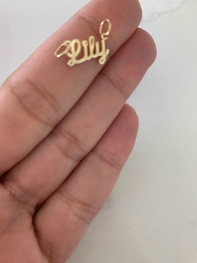 4MM 14K Solid Gold Name| Word Pendant | Personalized Pendant | Personalized Cursive Name Charm with two hooks
