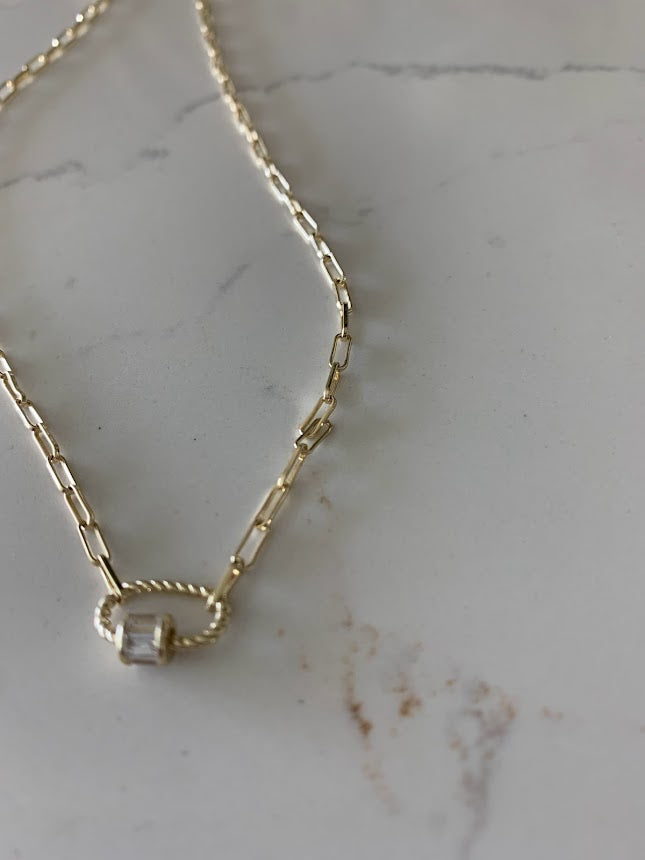 Cubic Zirconia Carabiner Lock Paperclip Link Necklace | Carabiner Paperclip Necklace | Gold over Silver 16"+2" | EXCELLENT QUALITY