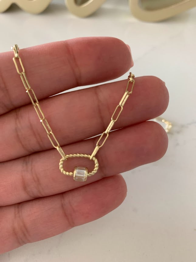 Cubic Zirconia Carabiner Lock Paperclip Link Necklace | Carabiner Paperclip Necklace | Gold over Silver 16"+2" | EXCELLENT QUALITY