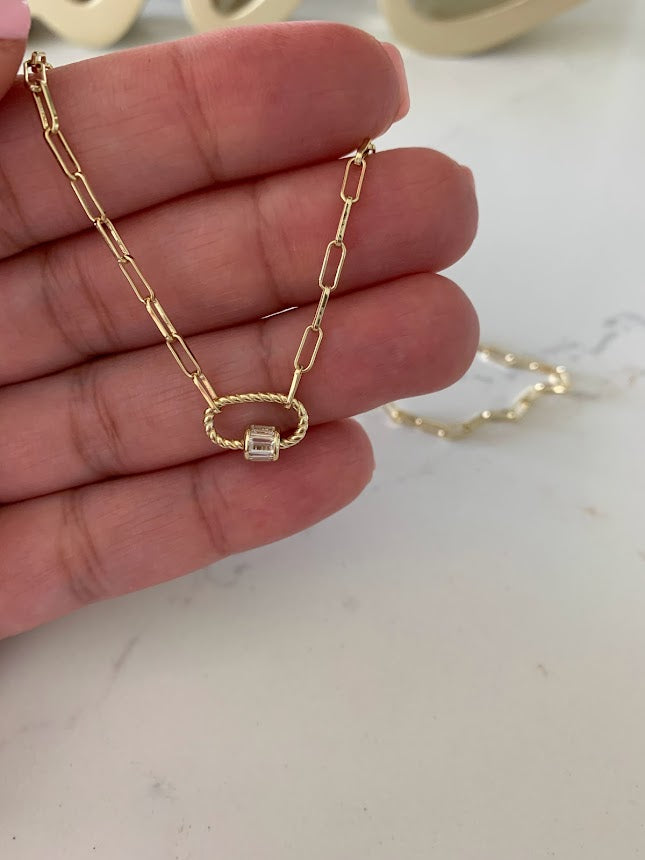Cubic Zirconia Carabiner Lock Paperclip Link Necklace | Carabiner Paperclip Necklace | Gold over Silver 16"+2" | EXCELLENT QUALITY