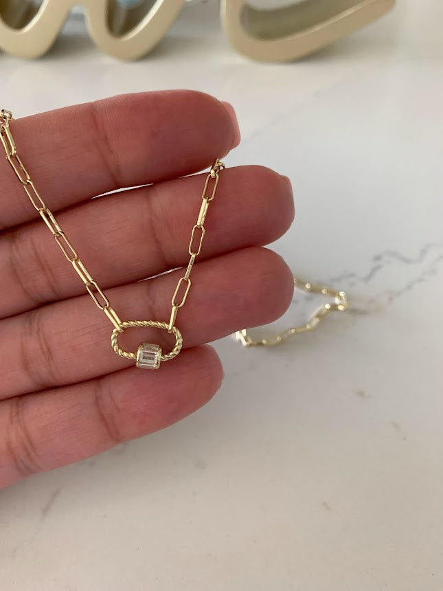 Cubic Zirconia Carabiner Lock Paperclip Link Necklace | Carabiner Paperclip Necklace | Gold over Silver 16"+2" | EXCELLENT QUALITY