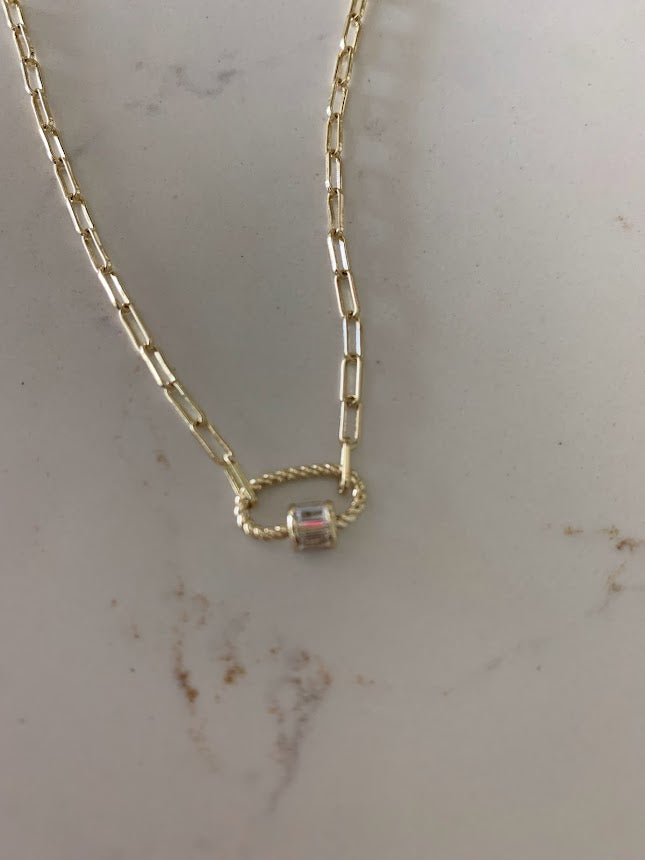 Cubic Zirconia Carabiner Lock Paperclip Link Necklace | Carabiner Paperclip Necklace | Gold over Silver 16"+2" | EXCELLENT QUALITY