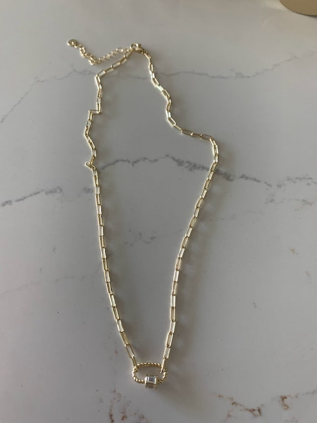 Cubic Zirconia Carabiner Lock Paperclip Link Necklace | Carabiner Paperclip Necklace | Gold over Silver 16"+2" | EXCELLENT QUALITY