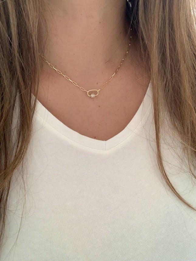 Cubic Zirconia Carabiner Lock Paperclip Link Necklace | Carabiner Paperclip Necklace | Gold over Silver 16"+2" | EXCELLENT QUALITY