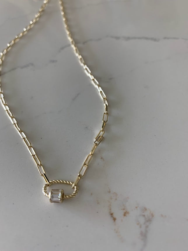 Cubic Zirconia Carabiner Lock Paperclip Link Necklace | Carabiner Paperclip Necklace | Gold over Silver 16"+2" | EXCELLENT QUALITY