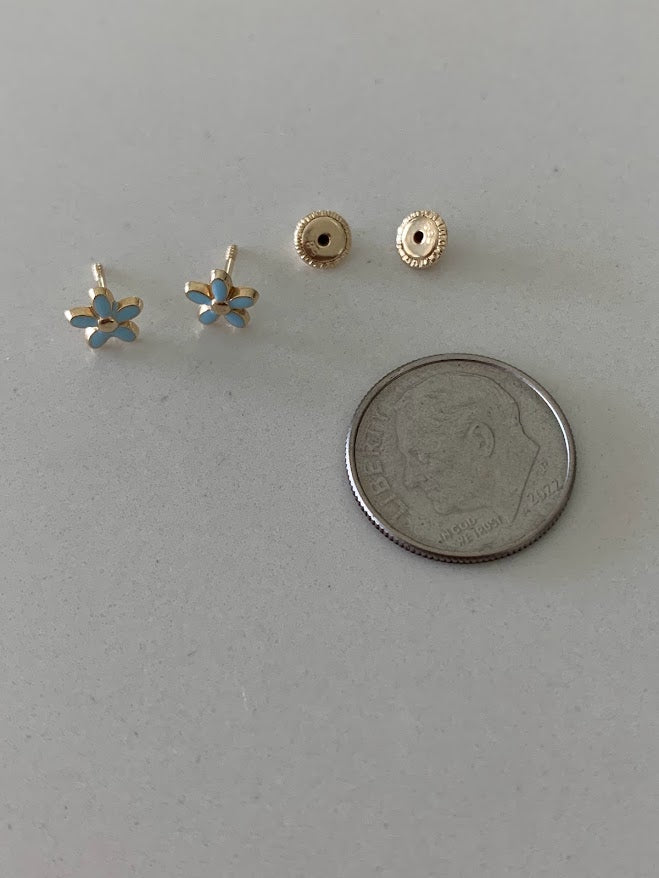 14k Gold Daisy Studs, Enamel Daisy Flower Stud Earrings in 14K Gold, Daisy Flower Earrings, Tiny Flower Earrings, Light Blue Flower Earrings