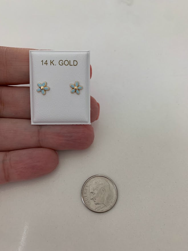 14k Gold Daisy Studs, Enamel Daisy Flower Stud Earrings in 14K Gold, Daisy Flower Earrings, Tiny Flower Earrings, Light Blue Flower Earrings