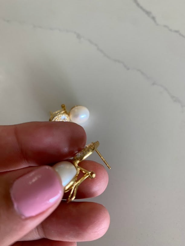 Round Large Pearls on Oval Baguette and CZ | Baguette Earrings | Gold & Silver Bridal Earrings | Bridesmaid Wedding Gifts for Her